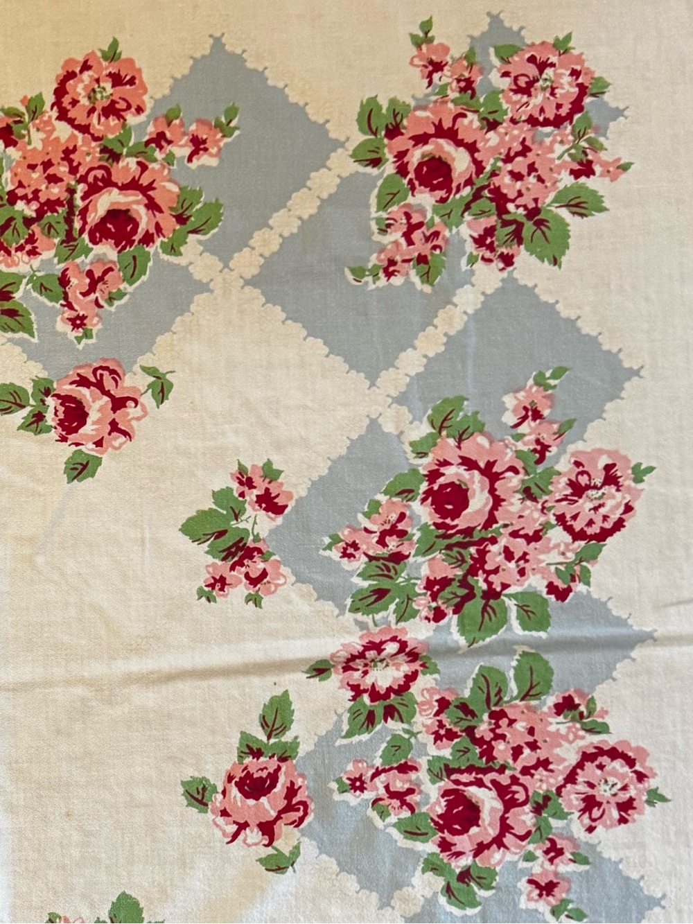 Vintage Floral Tablecloth Pink Rose Print on Cream